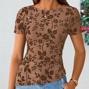 Brown Floral Short Sleeve Crewneck Shirt